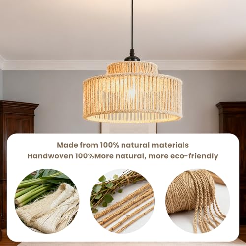 Brown 2-Pack Rattan Pendant Light - 11 Inch Handmade Woven Wicker Chandeliers for Kitchen & Living Room - Small Basket Hanging Light Fixture