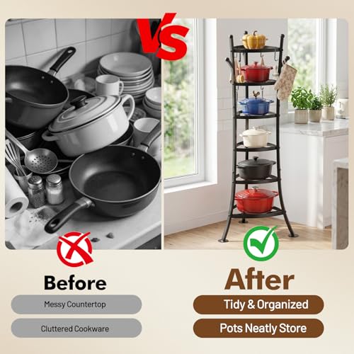 6-Tier Cast Iron Pot Rack Organizer for Kitchen Cookware Storage