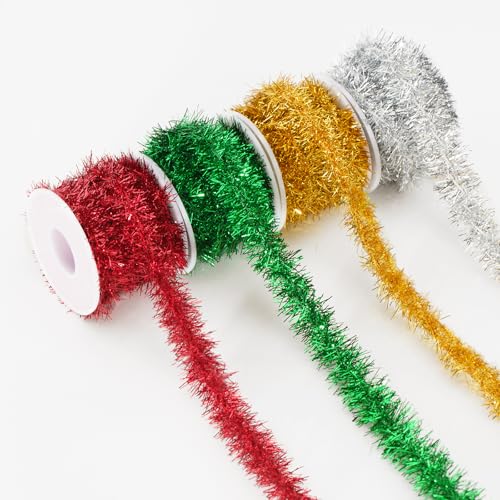 KINGLAKE Glitter Christmas Tinsel Garland - 4 Rolls 60 FT Christmas Tree Tinsel Garland Xmas Red Green Gold Silver Mini Tree Glitter Garland for Mini Tree Craft Gift