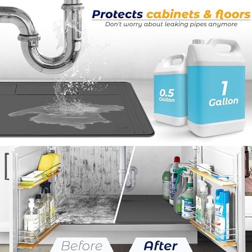 Famous Dino 34" x 22" Dark Gray Silicone Under Sink Mat - Waterproof, Trimmable Kitchen Protector