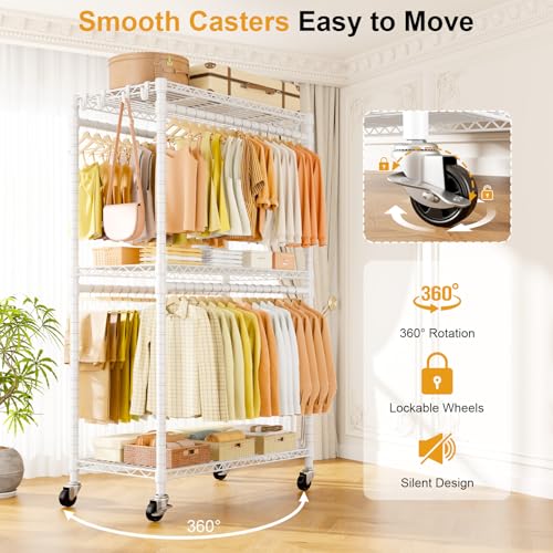 ULIFHOME P5 Rolling Clothes Rack with Adjustable Shelves and Double Rod, White - Heavy Duty Clothing Organizer with Lockable Wheels