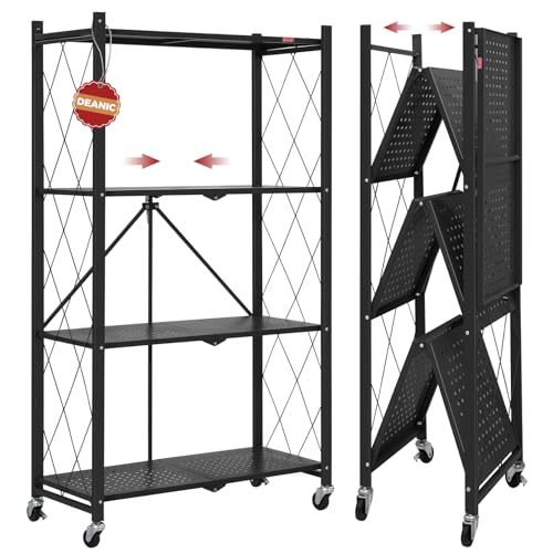 Foldable 4-Tier Metal Storage Shelves with Wheels - Large Capacity Organizer, No Assembly, Black Variation 1