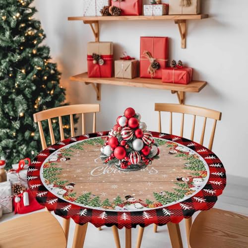 Chees D Zone 60-Inch Christmas Snowman Round Tablecloth with Elastic Edge, Fitted Holiday Cover, Rustic Wood Grain Design, Fits 55-60 Inch Tables