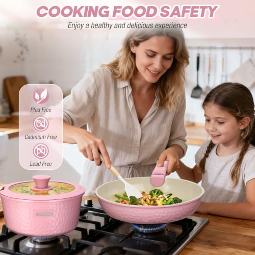 Pink 21-Piece Ceramic Nonstick Cookware Set with Detachable Handles - Space-Saving, Dishwasher & Oven Safe