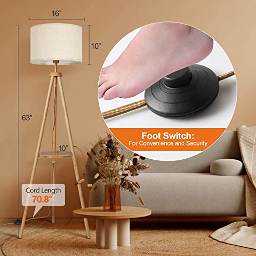 Wood Tripod Floor Lamp with Shelves - Mid Century Dimmable Standing Lamp with Remote Control and 4 Color Temperatures