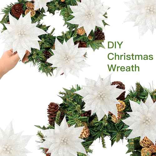 Sggvecsy 15 Pcs Christmas Glitter Flowers Christmas Tree Ornaments Shining Artificial Poinsettia Christmas Flowers Decoration with Clips for Xmas Holiday Wedding Wreath Party Floral Decorations(White)
