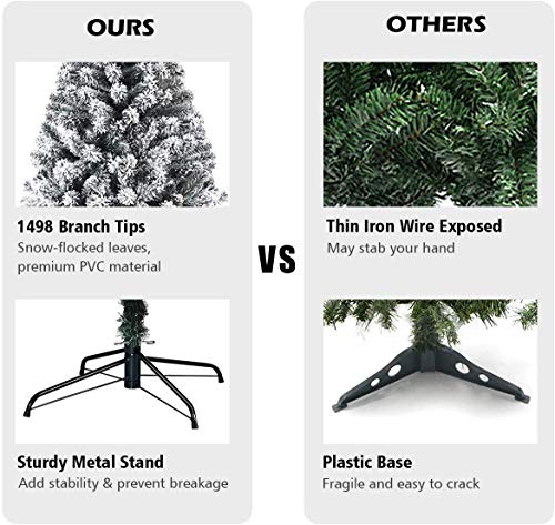 7.5FT Artificial Snow Christmas Tree with Hinged Branches & Metal Stand - Indoor Outdoor Holiday Decor