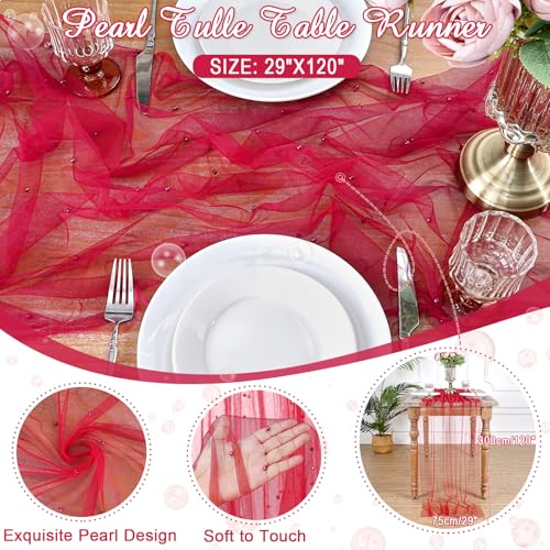 Red Tulle Table Runner Pearl Fabric Christmas Veil Dessert Chiffon
