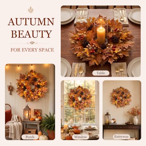 Presentastic 26-Inch Fall Wreath with Lights for Front Door & Wall Decor