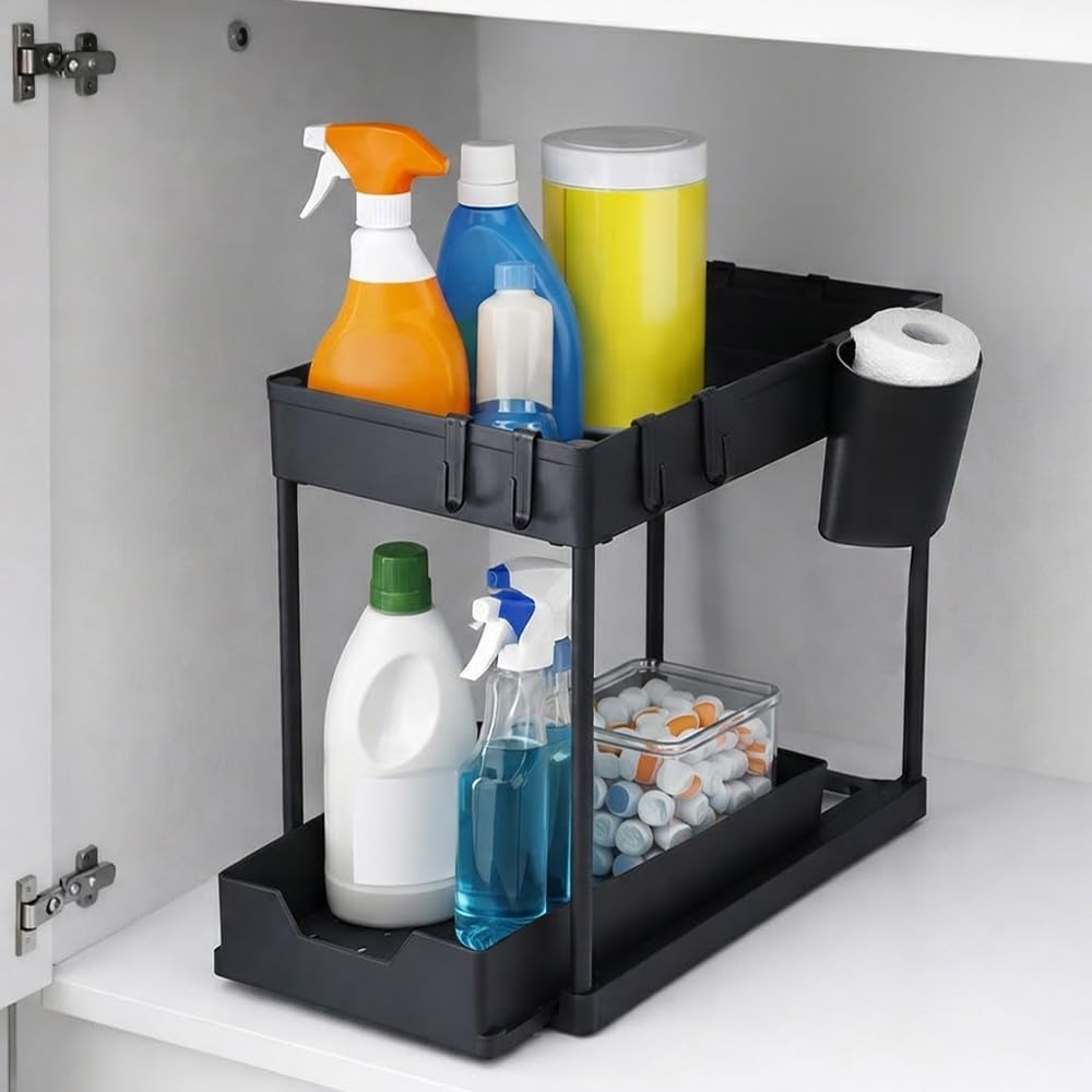 Undersink Organizer - 2-Tier Storage Rack with Sliding Drawers for Kitchen & Bathroom - Black