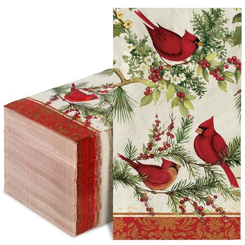 JarThenaAMCS 80Pcs Christmas Guest Napkins Vintage Cardinal Berries Holiday Disposable Hand Towels