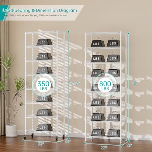 8-Tier Metal Wire Closet Shelf with Wheels, Adjustable Storage, White 12x22x74