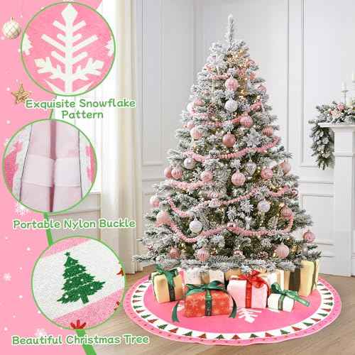 MACTING Christmas Tree Skirt, 30 Inch Round Pink Polyester Christmas Tree Skirts with Big Snowflake and Christmas Tree Printed for Holiday Party Rustic Xmas Tree Decoration