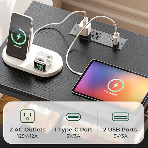 Huuger Nightstand with Charging Station & LED Lights - Black, 3 Drawers, 15.7 x 11.8 x 27.6 inches