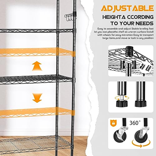 YNN Storage Shelves,1750Lbs 5 Tier Heavy Duty Metal Rolling Shelving