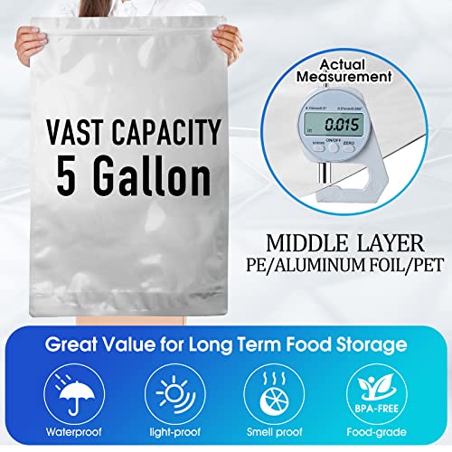 15 Mil 5 Gallon Food Storage Mylar Bags with Oxygen Absorbers, Resealable