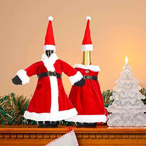 Irenare 2 Sets Christmas Santa Wine Bottle Covers and Mini Santas Hats Decoration Knitted Sweater Santa Claus Bottle Decorative Gifts for Wine Bottles Xmas Party Favors Supplies