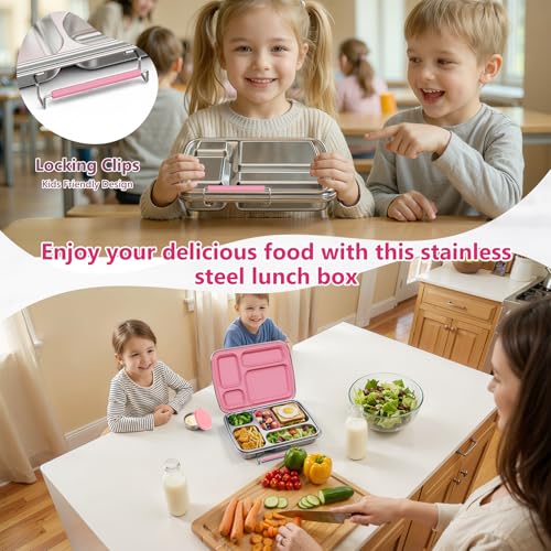 Pink Stainless Steel Bento Lunch Box for Kids & Adults, 4 Compartments, Sauce Container