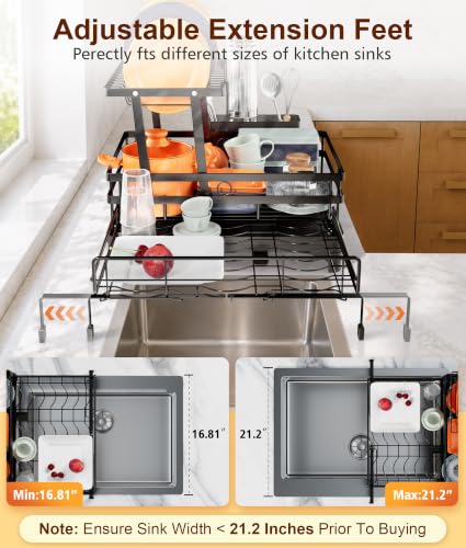 Expandable Over Sink Dish Drying Rack with Drainboard - Rust-Resistant Steel