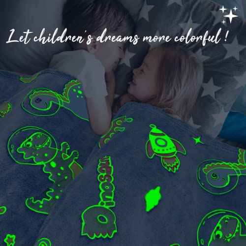 REXEO Glow in The Dark Blanket Dinosaur Gifts Toys for Boys Birthday Gifts for Kids 1 2 3 4 5 6 7 8 9 10 Year Old Kids Blanket Glowing Dinosaur Room Decor Blankets for Toddler