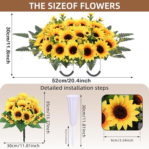 Lodou 3-Pcs Yellow Artificial Cemetery Flowers for Grave - Headstone Saddle + 2 Grave Bouquets