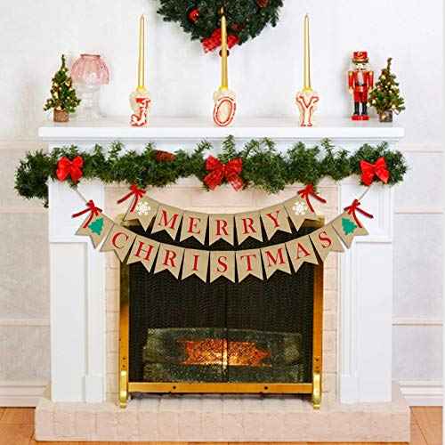 PACETAP Merry Christmas Burlap Banner with 4 Red Bows, Home Indoor Christmas Decorations for Fireplace, Chimney, Wall, Tree