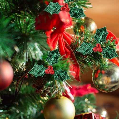 Ciieeo 100pcs Holly Berries with Green Leaves Artificial Berries Faux Berry Flowers with Green Leaves for Christmas Wreath Arrangement DIY Hanging Ornament