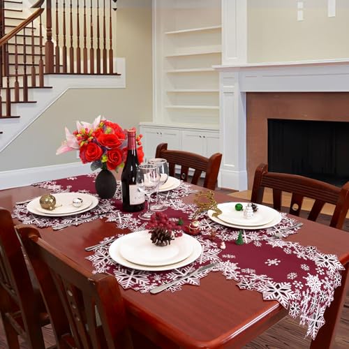 Simhomsen Embroidered Burgundy Snowflakes Table Runner 14×69 inches