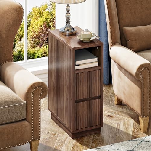 Walnut Fluted Nightstand - Small Bedside Table with Drawers & Shelf - Modern Slim Nightstand - Variation of THIS listing