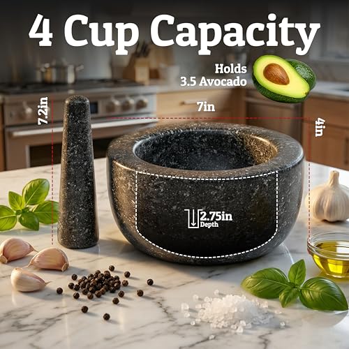 Priority Chef Black 4-Cup Granite Mortar and Pestle Set - Large 7 Inch Bowl