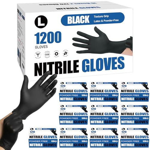 Fixwal Disposable Black Nitrile Gloves Large 4 Mil 1200 Count Food & Household Use