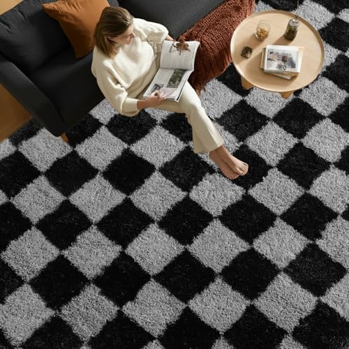 Rezutan Black Grey Checkered 8x10 Feet Soft Plush Shag Rug for Bedroom & Living Room