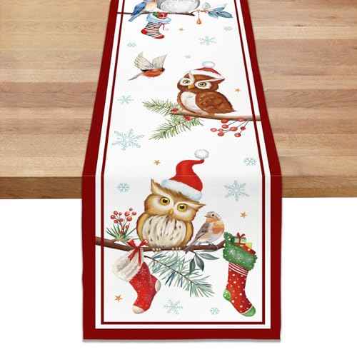 Bonhause Christmas Owl Table Runner 13x72 Inch Bird on Pine Branches Snowflakes Seasonal Winter Holiday Kitchen Dining Table Decoration for Indoor Outdoor Home Party Decor