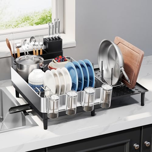 Urackify Expandable Dish Drying Rack - Large Capacity Stainless Steel, Silver with Black