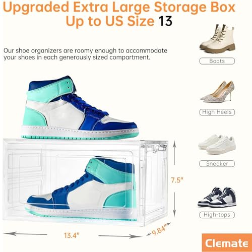 XL Large Shoe Storage Box 8 Pack Clear Stackable Drop Front Shoe Organizer - US Size 12