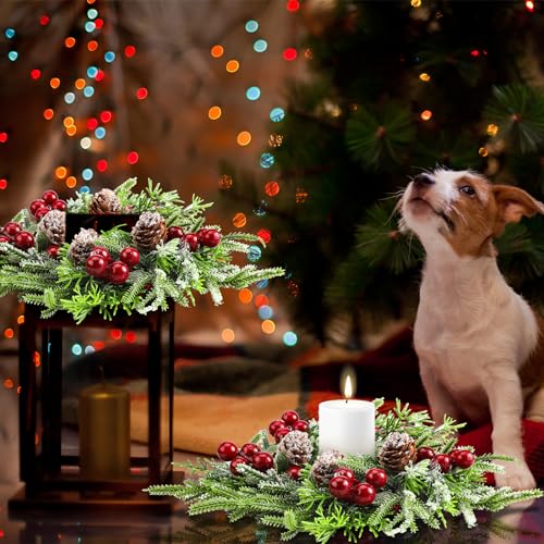 Lyrow 6 Pcs Christmas Candle Ring Wreath Small Kitchen Table Decor - Faux Berries & Pinecones