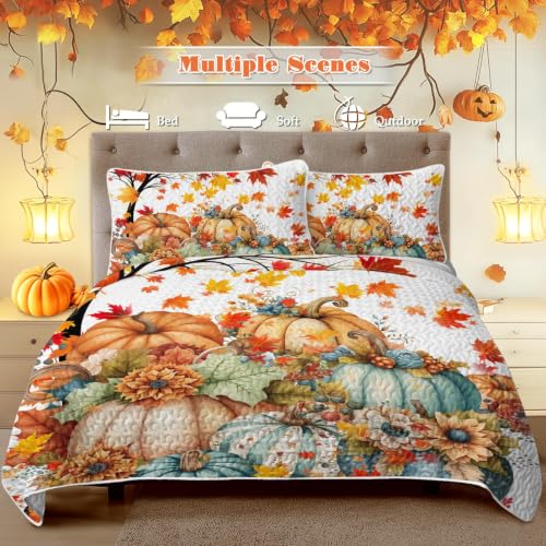 BlessLiving King Quilt with Colorful Pumpkins - Halloween Fall Blue Bedding - Variation: Pumpkin Flower
