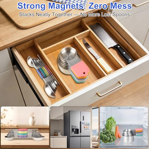 Light Colorful Magnetic Measuring Cups and Spoons Set - Heavy Duty 304 Stainless Steel