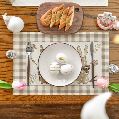 Artoid Mode 12x18 Inch Buffalo Plaid Bunny Easter Placemats Set of 4 – Seasonal Holiday Kitchen Table Decor Brown