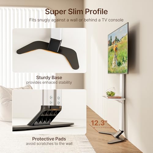 ECOTINY White Ultra-Slim Floor TV Stand for 37-86 Inch TVs - 51.5" Height, No-Drill & Anti-Tip Safety
