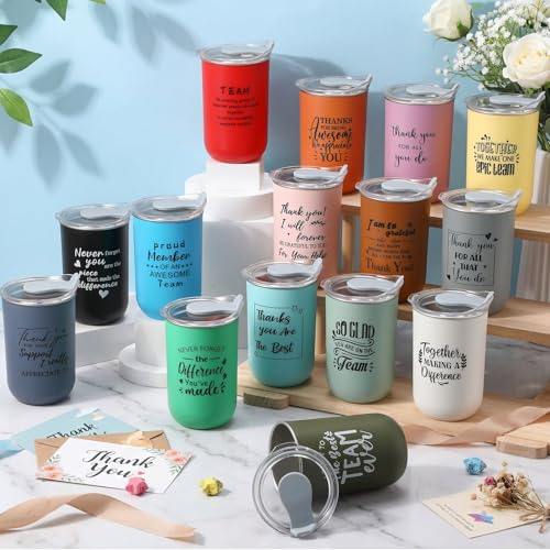 Maxdot 15 Pcs Thank You Gift Mugs with Splash Proof Lids - Colorful 13oz Employee Appreciation Set (Proud Team / Vivid / 15)