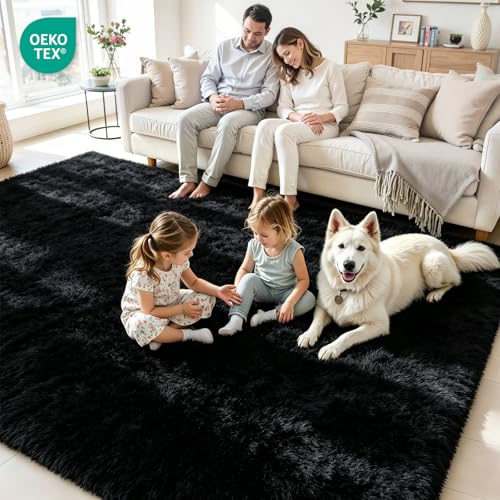 8x10 Fluffy Area Rug for Living Room: Soft Non-Slip Black Bedroom