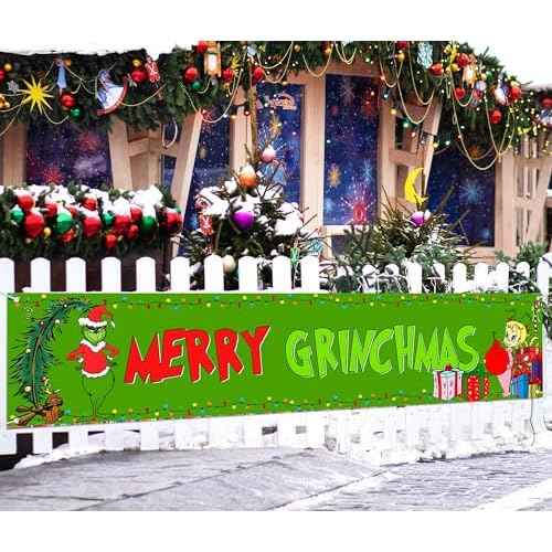 Nepnuser Green Christmas Fence Banner Winter Holiday Party Decoration Xmas Large Home Garden Outdoor Yard Hanging Sign Decor-1.6 * 8.2ft (Green-A)