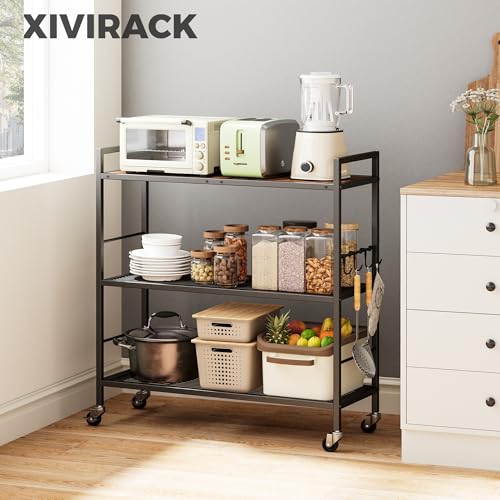 XIVIRACK Brown 3-Tier Metal Storage Rack with Wooden Top & Wheels, Adjustable Shelves, 31.5" Wide