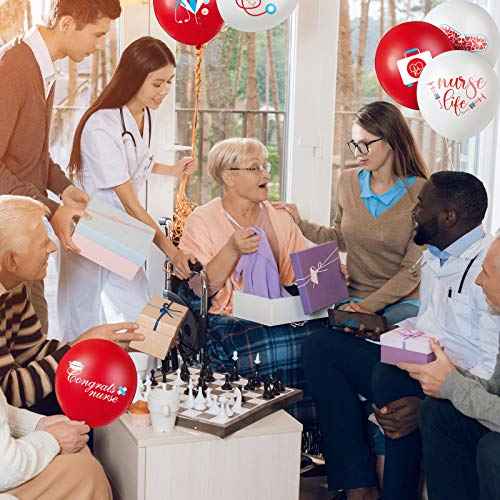 Skylety 48 Pieces Nurse Balloons 12 Inch Congrats Nursing Latex Balloons Bulk Party Decoration Supplies Nursing School Graduation Decoration for Christmas Gifts Nurse Week CNA(Red and White)
