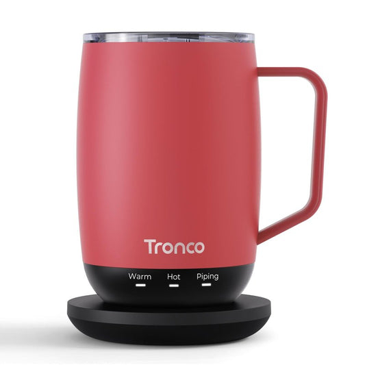Tronco Temperature Control Heated Coffee Mug 14 oz – Rechargeable Self-Heating Coffee Cup with Lid – Manual Control, 3 Modes, 130 Min Battery Life, Auto Shut-Off (Rose)