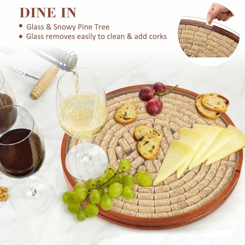 Wine Cork Holder Lazy Susan with Glass Cover – 130 Cork Capacity, Wooden