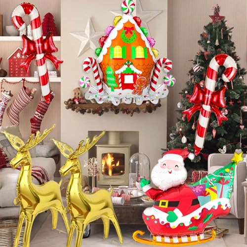 Sleigh Santa Christmas Balloons Set with Reindeer & Candy Cane Foil Balloons - 6PCS Holiday Decor