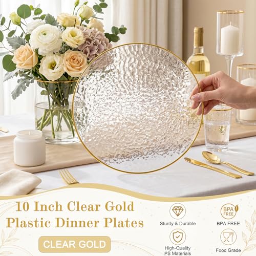 Gold Plastic Dinner Plates 10 Inch - Hammer Pattern Disposable Plates - 100 Pack - Clear Gold Variation