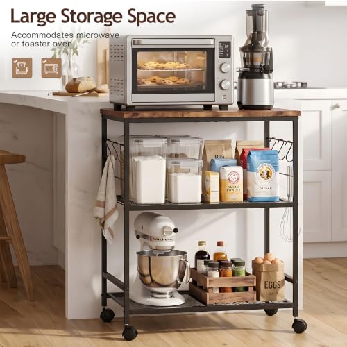 3-Tier Rolling Kitchen Cart with Storage and Lockable Wheels - Rustic Brown